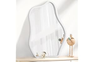 LZUSO White Hanging Mirrors for Wall Asymmetrical Irregular Wood Frame Mirror Modern Unique Shaped Wavy Mirror for Bedroom Living Room Bathroom Vanity Entryway Hallway Decorative Mirror