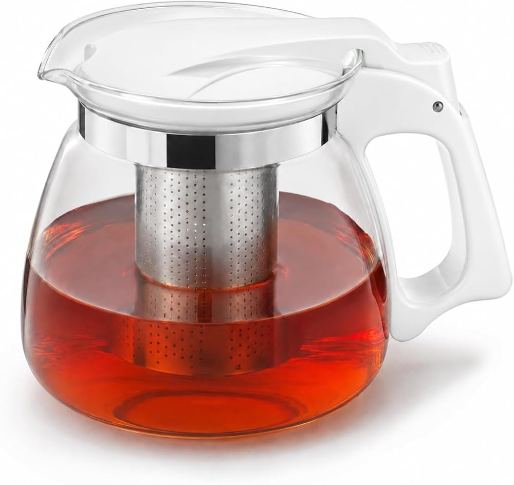 Kabakoz Cam Demlik 900ml, Paslanmaz Çelik Süzgeçli Filtreli Çaydanlık, Çay, Bitki Çayı Süzgeci, Isıya Karşı Dayanıklı Pratik Üst Kısım Tek Parça (Beyaz, 900, Mililitre)