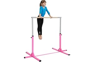 HOMCOM Barre Fixe de Gymnastique pour Enfant, Hauteur réglable 13 Niveaux de 92-150 cm, Acier et Bois en hêtre, Barre d'entrainement de Gymnastique à Domicile, antidérapant, Facile à Assembler