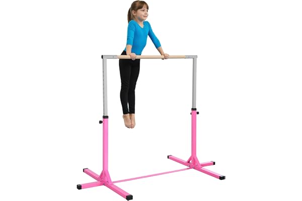 HOMCOM Barre Fixe de Gymnastique pour Enfant, Hauteur réglable 13 Niveaux de 92-150 cm, en Acier et Bois en hêtre, Barre de Gym d'entrainement à Domicile, antidérapant, Facile à Assembler