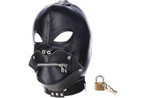 Roluck Máscara de Cuero con Cremallera y Cerradura Bondage SM Máscara de Cabeza para Hombres Mujeres Ajustable Fetiche Juguetes Sexuales, Aberturas Máscaras para Carnaval Halloween