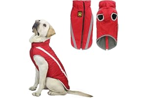 JODSEN Płaszcz dla psa, ciepłe płaszcze dla średnich i dużych psów, kurtki wodoodporne, ubrania zimowe dla zwierząt domowych, odblaskowe, wiatroszczelne, polarowe, płaszcze do użytku na zewnątrz dla buldoga, Golden Retrievera, Labradora, Husky (5XL/60 cm, czerwony)