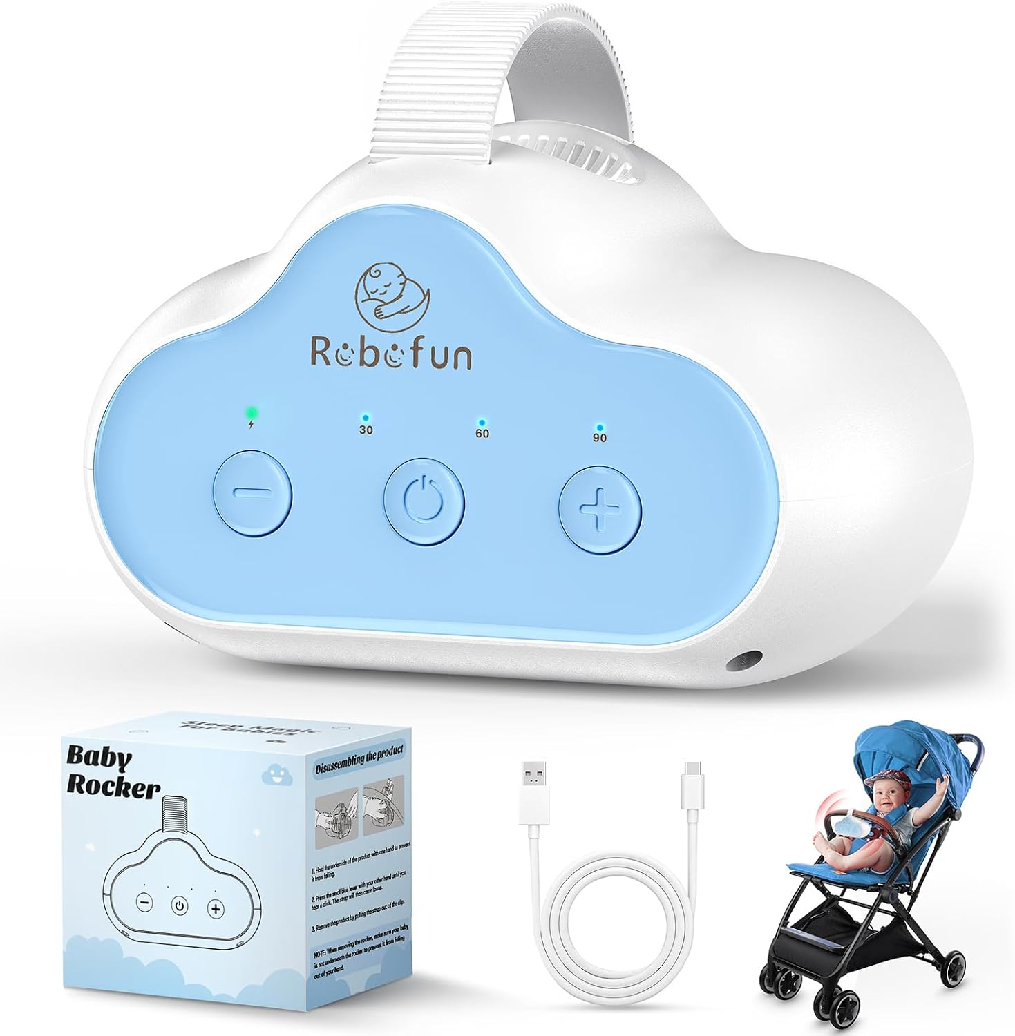 Robofun Baby Rocker, Columpio Para Cochecito De bebé, Ayuda Para Dormir Para Bebés, Temporizador De 30-60-90 Minutos, USB-C Recargable, 3 Niveles De Intensidad – Se Adapta A Todos Los Cochecitos
