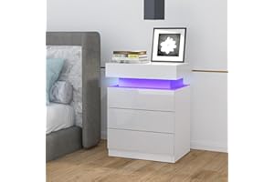 HAODACULTURE Mesita de noche, con 3 cajones y 16 colores ledes RVA, mesa auxiliar, blanco brillante y mate, mueble de almacenamiento, con 1 tapa abatible, para dormitorio, 45 x 35 x 61 cm