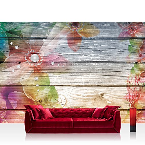 Vlies Fototapete 312x219cm PREMIUM PLUS Wand Foto Tapete Wand Bild Vliestapete - Holz Tapete Holzoptik Blumen Blüten Punkte bunt - no. 2296