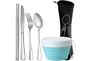 SourceTon Set di Posate da 5 Pezzi, Coltello, forchetta, Cucchiaio, Bacchette e Ciotola Pieghevole in Silicone o Picnic da Viaggio in Viaggio di Lavoro