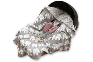 MILLALU Hooded CAR SEAT PADDED BABY BLANKET Reversible Cotton/Minky * COVER * COSYTOES * PUSHCHAIR BLANKET (White Elephants on Grey with Grey Minky)