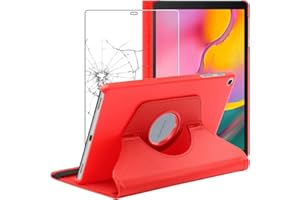 ebestStar - Funda para Samsung Galaxy Tab A 10.1 2019 T510 T515, Carcasa Capa Giratoria, 360 Protectora, Cuero PU Soporte, Rojo + Cristal Templado
