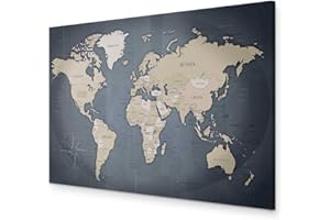 B&D XXL - Tableau décoratif Carte du monde 90x60 cm - Impression sur toile colorée - Décoration murale pour salon et chambre - Gris - Boussole continents cartes monde gris k-A-0056-b-d