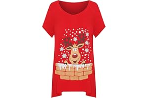 WearAll Women's Plus Short Sleeve Reindeer Snowflake Hanky Hem Long Top Ladies T-Shirt 14-28