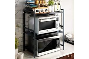 BRAVECOW Microwave Shelf Stand Expandable Oven Rack Storage Kitchen Organizer Counter Cabinet Holder Adjustable Width Height with 4 Hooks (2-Tier)