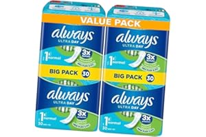 Always Ultra Day Sanitary Pads Size 1 Normal - 60 Pads (2 Packs of 30) Big Pack for Reliable Daytime Protection and Comfort