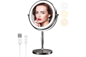 MATEPROX Lustro stołowe ze światłem - europejskie retro lusterko do makijażu w wysokiej rozdzielczości, regulowane lustro biurkowe, 3 kolory światła, powiększenie 1X/10X, obrót o 360 stopni-czarne