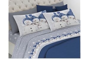 PELLECCHIA 1969 Set Lenzuola Calda Flanella, Made in Italy Fantasia Pupazzi di Neve (Blu, Matrimoniale)