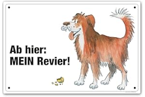 COMIC-SCHILDER.DE Schild "Ab hier: Mein Revier!" (Vorsicht Hund/Hütehund rot)