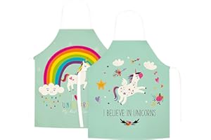 WOLEPAZ 2 Pcs Kids Aprons, Cartoon Style Adjustable Child Chef Aprons, Linen Unicorn/Dinosaur Horse Aprons for Boys Girl's Kitchen Cooking Baking Painting Wear