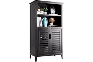 HITNET Szafka łazienkowa, bambusowy organizer do przechowywania z 2 drzwiami i wyjmowanymi półkami, wolnostojąca szafka podłogowa do salonu kuchnia sypialnia, czarny