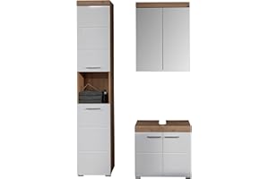 ‎TRENDTEAM SMART LIVING trendteam smart living - Amanda - Bathroom Furniture Set - Vanity Unit, Mirror Cabinet and Tall Cabinet - White/White High Gloss Oak - (W x H x D) 112 x 190 x 34 cm - Scratch-Resistant