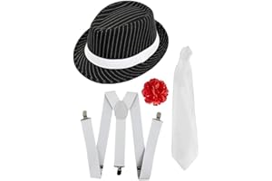 I LOVE FANCY DRESS LTD 1920S MOB Gangster fantazyjny zestaw akcesoriów. CZARNY PASEK TRILBY Z PASKIEM + BIAŁE szelki + BIAŁY Krawat. MOB Gangster AL CAPONE Great GATSBY 1920S. Kolor czapki: czarny | ROZMIAR: JEDEN ROZMIAR