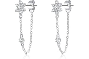 SLUYNZ Sterling Silver CZ Flower Dangle Earrings Chain for Women Teen Girls Flower Drop Earrings Studs