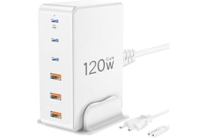 LAYAJIA Cargador USB C de 120W,Enchufe USB multiple Cargador Multiple USB Carga Rapida con 3 PD Tipo C y 3 USB-A QC3.0,Estación de Carga USB Cargador Rapido USB para MacBook, Laptop,iPhone,Samsung,iPad-Blanco