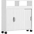 Yaheetech Slim Bathroom Storage Cabinet on Wheels, Slimline Freestanding Cabinet with Sliding Doors, Narrow & Compact Toilet Paper Roll Holder with Open Shelf, White