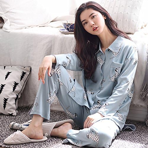Women's cotton long-sleeved pajamas spring and autumn cartoon cute blue home service suits ( Size : XXL )