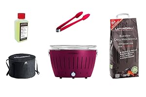 LotusGrill Juego de iniciación, 1 barbacoa con conexión USB, 1 paquete de carbón de haya de 1 kg, 1 paquete de pasta de combustión de 200 ml, 1 pinza para salchichas rojo fuego, 1 bolsa de transporte, barbacoa de carbón vegetal sin humo