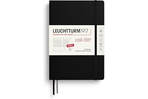 LEUCHTTURM1917 Veckoplanerare 2027 medium (A5) – engelska, svart, 210 x 145 mm, juli-december (18 månader), veckoöversikt med