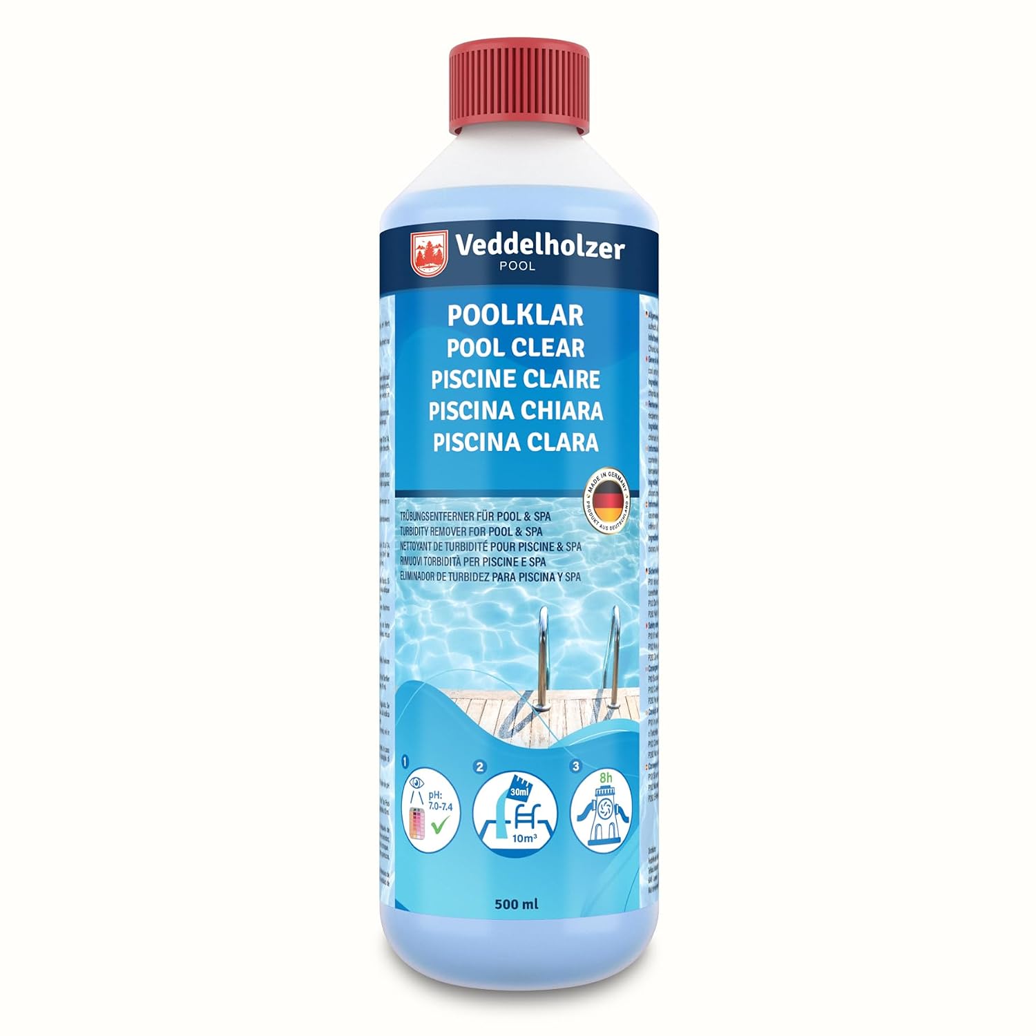 Veddelholzer Poolklar 0,5 L – für kristallklares Wasser in Pool, Whirlpool, Planschbecken. Wirksam gegen trübes Wasser, geeignet für alle Filterarten und Systeme
