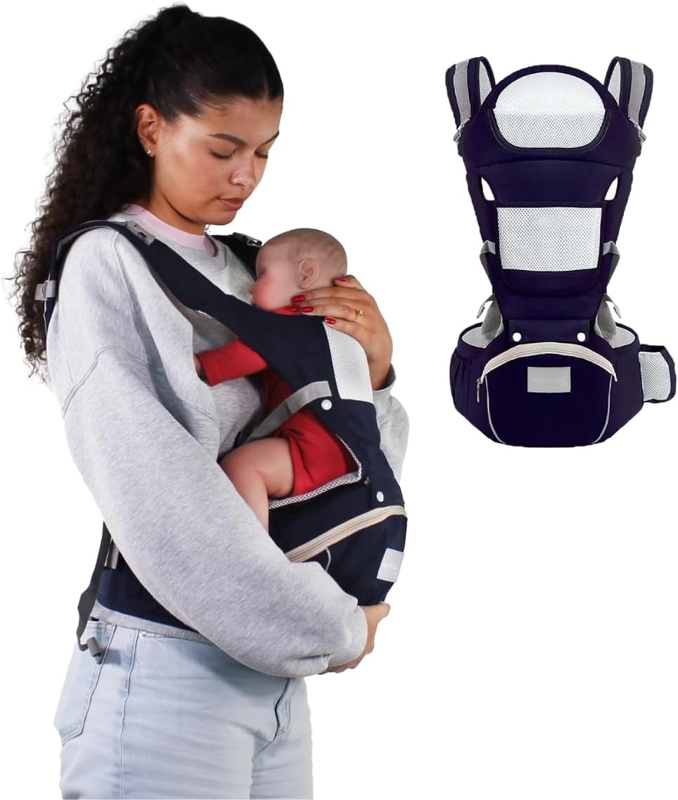 Mobiclinic® kids, Mochila portabebés, 6 en 1, Moley, Multiposición, Plegable, Bolsillo con cremallera, Reposa biberón, Algodón premium suave, 0-36 meses, Para recién nacidos y niños (azul marino)