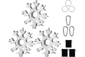 SUOKOUN 3 Stücke 18 in 1 Schneeflocken Multi-tool mit Karabiner und Schlüsselring, Geschenke für Männer, Edelstahl Tragbare Schneeflocken Multifunktionswerkzeug für Outdoor Abenteuer Camping (Silber)