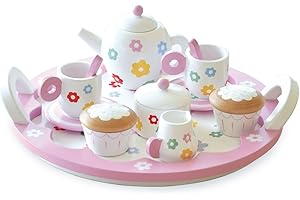 Indigo Jamm Wooden Toy Tea Set with Tray for Ages 3 Years Plus (Flower Tea party)