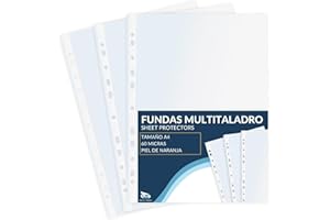 Raylu Paper® - Fundas multitaladro de polipropileno 100% reciclable, fundas para documentos de gran apertura, lomo reforzado. 100 unidades. (Piel de naranja, A4-60 micras)