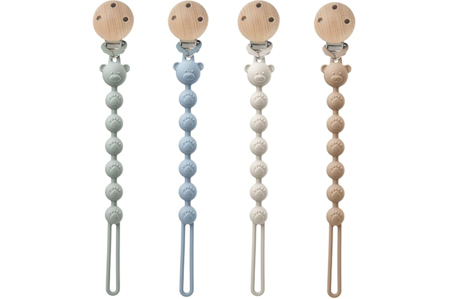 AYSYR 4 PCS Dummy Clip Portable,Dummy Clip Boys Grils,Pacifier Clips Easy to Clean,Soother Clips and Teether 2-in-1 Design,Dummy Holder BPA Free(Brown+Milky White+Blue+Green)