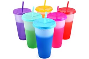 EASEVE Colour Changing Cups Tumblers with Lids & Straws - 6 Pack 24oz Reusable Plastic Cups Iced Coffee Cup Cold Water Color Change Party Tumbler for Kids Children Adults Travel Mugs for Drinks