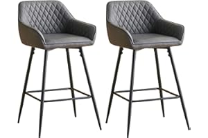 AINPECCA Bar stools Set of 2 Dark Gray Faux Leather Upholstered Seat with Backrest & Armrest Black Metal Legs Counter Breakfast Chairs Kitchen