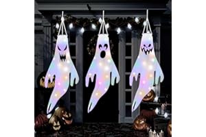 HBSFBH Halloween Decoración Colgante, Mangas de Viento Fantasma de Halloween con Luces LED, 3 Piezas Colgante de Fantasma de Halloween, Mangas de Viento Colgantes para Exterior, Patio, Jardín