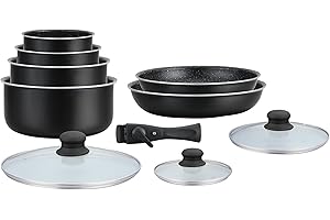 HAGEN, Batterie de cuisine revêtement pierre, Manche amovible, 10 pieces, Noir, Revêtement anti-adhésif, Tous les types de feux, y compris l'induction, HA04630