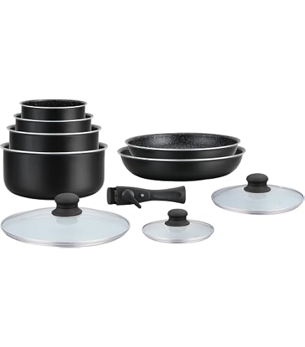 Batterie De Cuisine Herzberg 8 Pièces Revêtement Pierre Manche Amovible Noir HG8091-15-BK