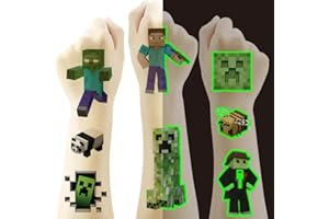 NIUDAZAO 80pcs Minec_raft Temporary Tattoo for Kids, My world Birthday Party Supplies,Birthday Decorations Party Game Activities Reward Gifts(4 Sheets gift packaged including 2 Sheets Luminous)