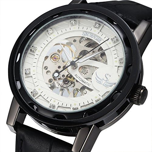 SEWOR Men's Hollow Skeleton Hand-winding Mechanical Leather Strap Wrist Watch With Diamonds Decoration