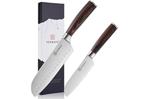KEEMAKE Set Coltelli da Cucina 2pcs, Coltello Santoku 18 cm, Coltello Giapponese 13 cm, Coltelli da Cucina Professionnali in Acciaio Inox, Coltello Cucina per Carne Verdure, Manico in Pakkawood