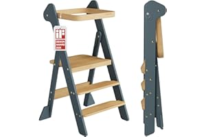 COSYLAND Torre Montessoriana Pieghevole Pre-Assemblata – Torretta Montessoriana Regolabile in Legno, Design Premiato IF, Sicura, Salvaspazio e Adatta ai Bambini 18M-6A (Blu Ardesia & Naturale)