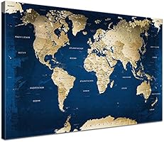 LanaKK - Weltkarte Ocean mit Kork R&uuml;ckwand - edel Leinwand Bild Kunstdruck auf Keilrahmen, Pinnwand f&uuml;r Weltenbummler 100 x 70 cm, einteilig