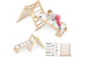 COSTWAY Set di Arrampicata per Bambini 3 in 1, Arrampicata in Legno Pieghevole con Rampetta a Doppia Faccia e Triangolo di Arrampicata Regolabile, Triangolo Montessoriana per Bambini 3+ Anni