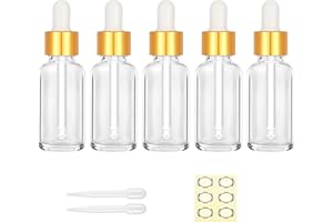 Apstaqeoo Lot de 5 flacons compte-gouttes en verre transparent avec pipette en verre, rechargeables, avec bouchon doré, étiquette, compte-gouttes pour huiles essentielles, parfum, aromathérapie