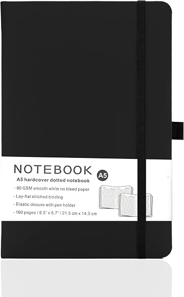 Yanek A5 Lined Notebook - Black Hardcover, 160 Pages, Writing Pad for Notes, Journals, Sketches, School, Office, and Per