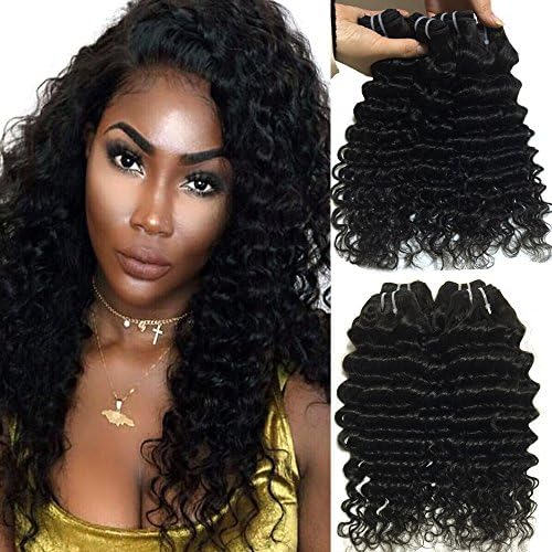 Rissing Hair Deep Wave Bundles Deals 4 Bundles Of Brazilian Hair, Remy Human Hair Weave Brazilian Virgin Hair Bundles 50g/Bundle Totally 200g Natural Black (8 8 8 8)
