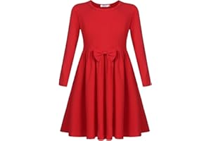 Arshiner Ragazze Abiti Cotone Bambini Manica Lunga con Fiocco Vestito Invernali Abiti Autunno A-Line Festive Collo Rotondo Abiti Casual di Base per Ragazze 4-13 Anni